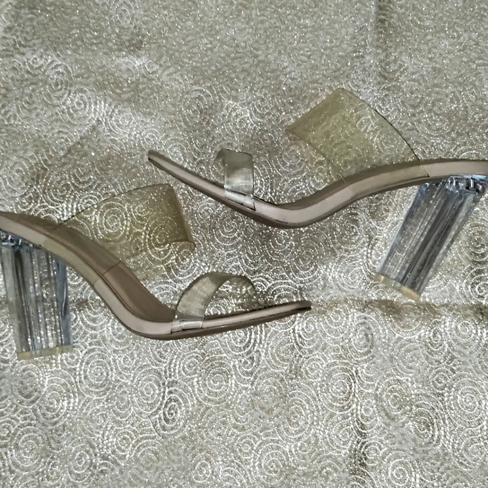 Nude Heels with Clear Straps and Clear Block Heel